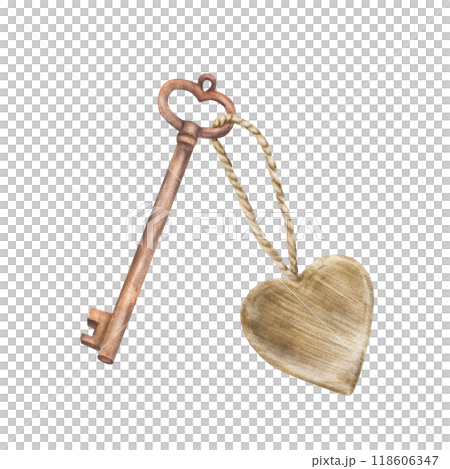 Vintage key with a heart Watercolor hand drawn illustration. Valentines Day keychain. Retro style key with wooden heart on a cord, rope. Romantic Love Clipart for gift card Isolated from background 118606347