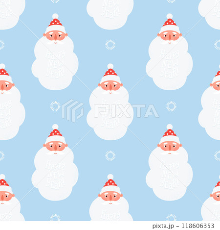 Christmas Seamless pattern. Cute Santa Claus with big beard and lettering Happy New Year congratulation on blue background. Vector illustration. 118606353