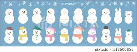 雪だるまと雪の結晶のベクターイラストセット。冬、アイコン、ゆきだるま 雪だるまと雪の結晶のベクターイラストセット。冬、アイコン、ゆきだるま 118606855