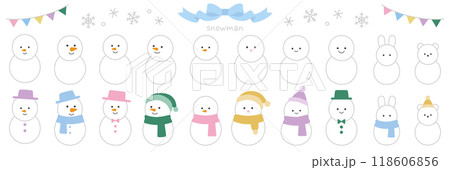 雪だるまと雪の結晶のベクターイラストセット。冬、アイコン、ゆきだるま 雪だるまと雪の結晶のベクターイラストセット。冬、アイコン、ゆきだるま 118606856