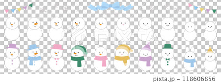 雪だるまと雪の結晶のベクターイラストセット。冬、アイコン、ゆきだるま 雪だるまと雪の結晶のベクターイラストセット。冬、アイコン、ゆきだるま 118606856