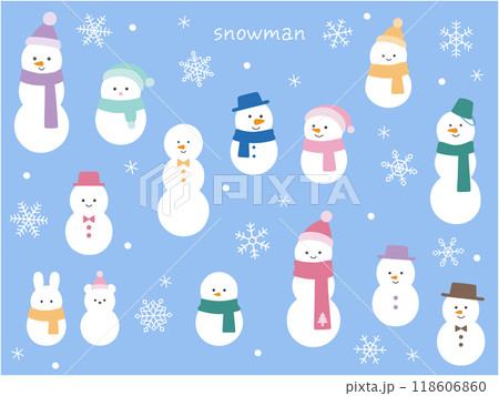 雪だるまと雪の結晶のベクターイラストセット。冬、アイコン、ゆきだるま 118606860