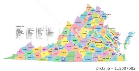 Virginia, U.S. state, subdivided into 95 counties and 38 independent cities, colored political map with capital Richmond, and county names. State in the Southeastern and Mid-Atlantic regions of USA. 118607082