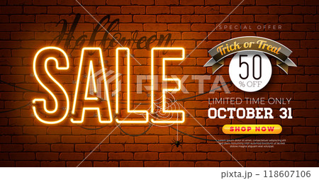 Halloween Sale Banner Illustration with Glowing Neon Light Lettering on Vintage Brick Wall Background. Vector Holiday Design Template with Typography Lettering for Offer, Coupon, Celebration Flyer Halloween Sale Banner Illustration with Glowing Neon Light Lettering on Vintage Brick Wall Background. Vector Holiday Design Template with Typography Lettering for Offer, Coupon, Celebration Flyer 118607106