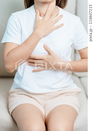 Gastroesophageal Reflux Disease or GERD, Acid reflux disease, Gastro Oesophageal or GORD and Dyspepsia concept. woman having Stomach ache and Esophageal pain due to Digestion system problem 118607215