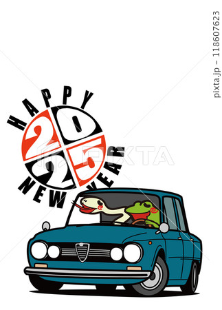 2025年年賀状　テンプレート　干支とイタリアンセダン 118607623