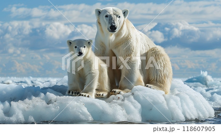 Polar bear with her cub are sitting on ice with snow of a melting glacier. Wildlife nature. Climate change. Global warming. Environmental disaster. 118607905