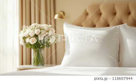 Luxurious Hotel Room with Inviting Atmosphere and Elegant Floral Accents 118607944
