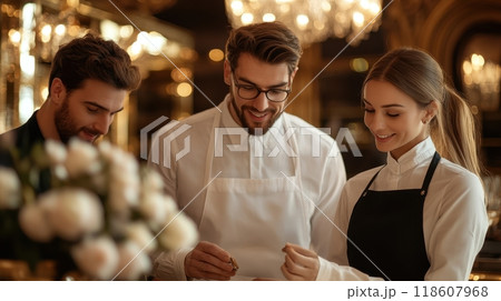 Business Team Analyzing Hotel Service in a Corporate Office Setting 118607968