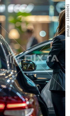 Vertical photo of a female customer is choosing a new car in a car dealership, want to buy new car in car showroom. Rear view. Sales concept. 118608041
