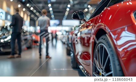 Customers is choosing new car in car dealership, want to buy new auto in car showroom. Rear view. Sales concept. Cropped image. Modern transportation. 118608043