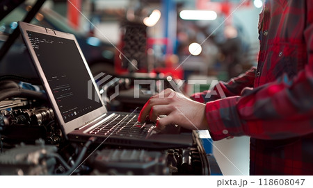Auto mechanic is utilizing a laptop for performing vehicle diagnostics in auto repair shop. Car repair service center. Support car insurance service. 118608047