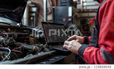 A mechanic in uniform is utilizing a laptop to diagnose and repair vehicles in auto repair shop. Modern automotive repair facility. Car insurance. 118608048