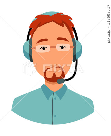 Call center operator avatar with headphone. Online support service assistant. Male customer help manager. Vector illustration of character 118608317