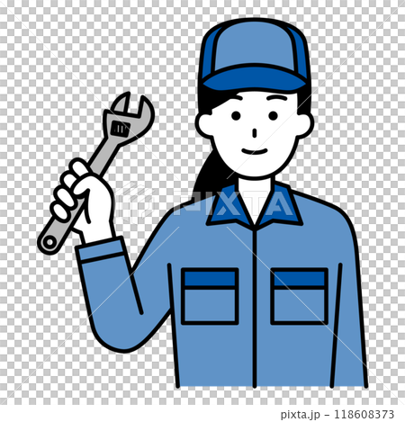A woman in overalls holding a monkey wrench A woman in overalls holding a monkey wrench 118608373