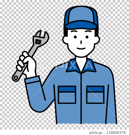 A man in overalls holding a monkey wrench 118608376