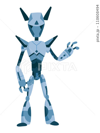 A Vibrant and Stylized Blue Robot Character Featuring Distinct Angular Features and Design 118608494