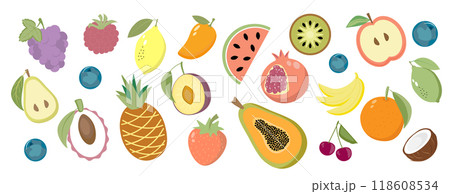 Set of fruits and berries, organic vitamins and healthy food. On a white background. Sticker collection. 118608534