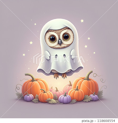 Cute Owl in Ghost Costume Floating Above Pumpkins in Halloween Scene 118608554