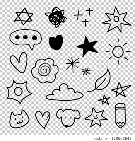 Doodle hand drawn cartoon. Element of star, sparkle, flower, sun and heart Doodle hand drawn cartoon. Element of star, sparkle, flower, sun and heart 118608642