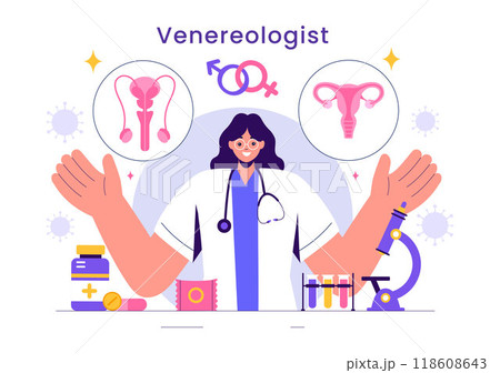 Venereologist Vector Illustration of Diagnosis for Dermatological Diseases, Sexually Transmitted Infections, and Bacterial Infections in a Background Venereologist Vector Illustration of Diagnosis for Dermatological Diseases, Sexually Transmitted Infections, and Bacterial Infections in a Background 118608643