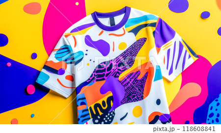 White t shirt with abstract colorful design over colorful background White t shirt with abstract colorful design over colorful background 118608841