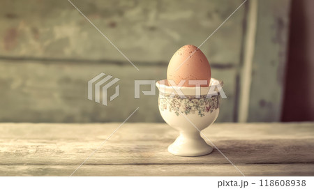 Single brown egg standing upright in cup on rustic wooden table 118608938