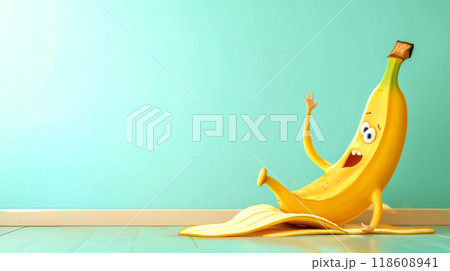 Funny banana slipping on banana peel in minimal room 118608941