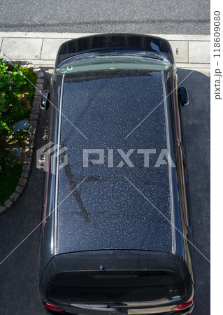 一戸建ての駐車場に停められたクルマのルーフの汚れを俯瞰撮影したイメージ 118609080