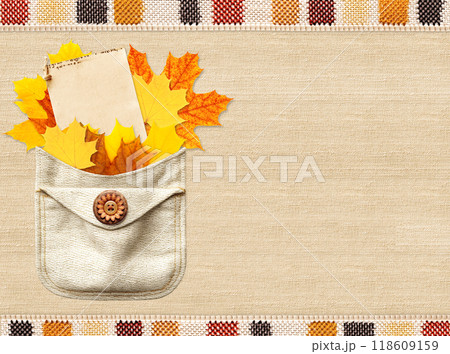 Autumn special offer sale. Blank organic paper price label and autumn leaves in pocket  on natural linen texture. Eco-friendly paper sale tag in pocket. Ecology, zero waste, responsible consumption 118609159