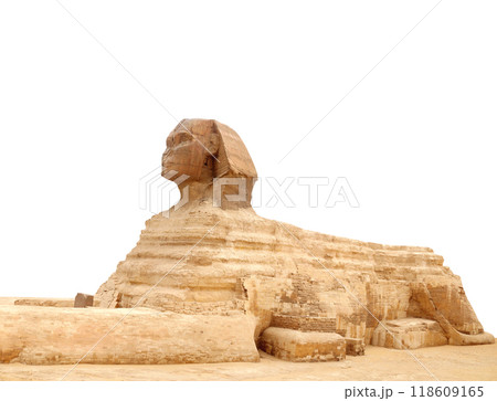 Famous Great Sphinx, Cairo, Egypt. Ancient statue of Sphinx, mythical creature with head of man and body of a lion, Giza pyramid complex (Giza Necropolis). Isolated on white background 118609165