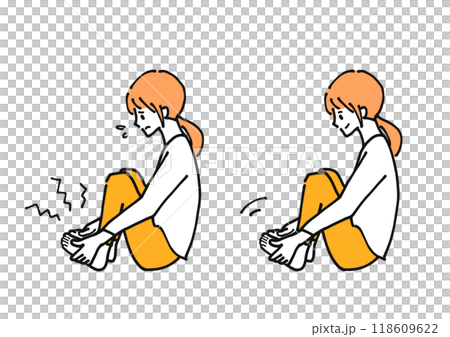 線畫插圖集一個患有腳痛的婦女和一個微笑著按摩腳的婦女 線畫插圖集一個患有腳痛的婦女和一個微笑著按摩腳的婦女 118609622