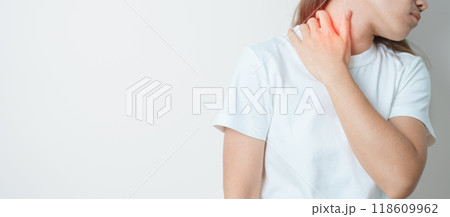 Woman having Neck and Shoulder pain at home. Muscle painful due to Myofascial pain syndrome and Fibromyalgia, rheumatism, Scapular pain, Cervical Spine. ergonomic concept 118609962