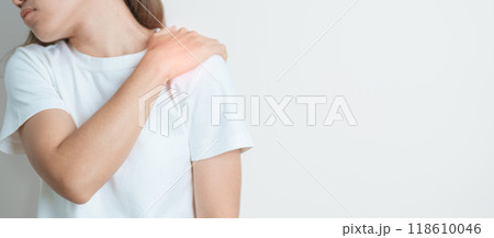 Woman having Shoulder and Neck pain at home. Muscle painful due to Myofascial pain syndrome and Fibromyalgia, rheumatism, Scapular pain, Cervical Spine. ergonomic concept 118610046