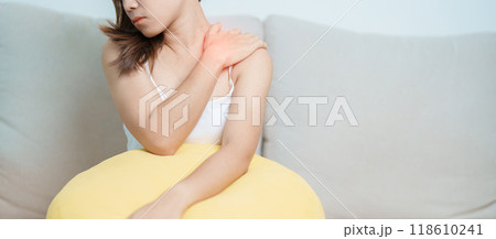 Woman having Shoulder and Neck pain at home. Muscle painful due to Myofascial pain syndrome and Fibromyalgia, rheumatism, Scapular pain, Cervical Spine. ergonomic concept Woman having Shoulder and Neck pain at home. Muscle painful due to Myofascial pain syndrome and Fibromyalgia, rheumatism, Scapular pain, Cervical Spine. ergonomic concept 118610241