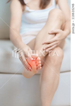 woman having barefoot pain at home. Foot ache due to Plantar fasciitis and waking longtime. Health and medical concept 118610246