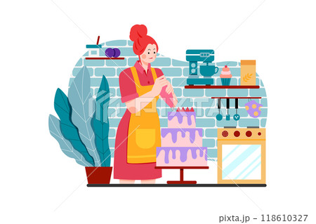 Female chef decorating a cake 118610327