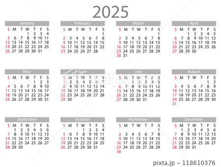 Calendar 2025 year. The week starts on Sunday. 118610376