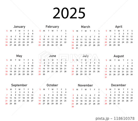 Calendar 2025 year. The week starts on Sunday. 118610378