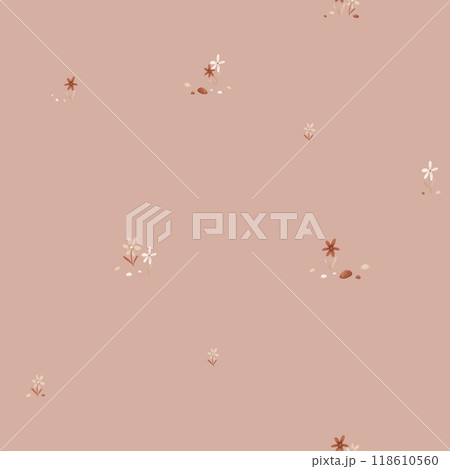 Seamless pattern with cute flowers and stones in minimalist scandinavian style. Cartoon botanical for children's design . Hand drawn illustration of beige and maroon herbs. 118610560
