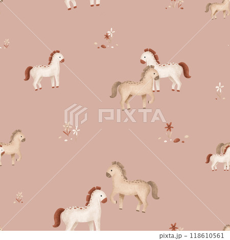 Seamless pattern with cute horse and flowers and stones in minimalist scandinavian style. Cartoon animals for children's design . Hand drawn illustration of beige and grey horse with maroon mane. 118610561