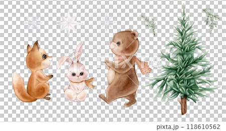 Watercolor illustration set of cute Christmas forest animals: bear and fox and hare with winter scarves, snowflakes. Hand drawn of bunny and teddy with fir tree in pastel warm colors on isolated. Watercolor illustration set of cute Christmas forest animals: bear and fox and hare with winter scarves, snowflakes. Hand drawn of bunny and teddy with fir tree in pastel warm colors on isolated. 118610562