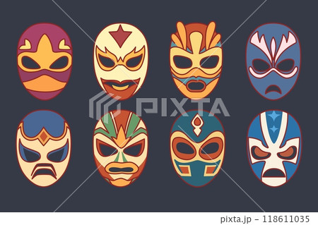 Mexican luchador masks. Professional wrestlers, colored bandages on faces, american show headwears, different heroes fighters, costume element cartoon flat isolated illustration, vector set 118611035