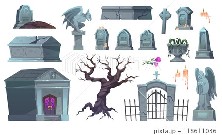 Old cemetery elements. Ancient gravestones, family crypt, stone gargoyle and cast iron fence with gates, dry creepy tree, halloween decorative elements, tidy vector isolated set Old cemetery elements. Ancient gravestones, family crypt, stone gargoyle and cast iron fence with gates, dry creepy tree, halloween decorative elements, tidy vector isolated set 118611036