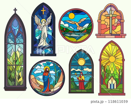 Stained glass. Church mosaic frames, colorful pointed, round and arched windows, vintage architecture elements, biblical mosaic motifs, catholic gothic architecture, vector isolated set Stained glass. Church mosaic frames, colorful pointed, round and arched windows, vintage architecture elements, biblical mosaic motifs, catholic gothic architecture, vector isolated set 118611039