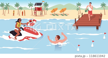 Water rescuers rush to aid of drowning man. Sea lifeguards work, woman on jet ski with lifebuoy, man with first aid kit, professional emergency characters working, tidy vector concept Water rescuers rush to aid of drowning man. Sea lifeguards work, woman on jet ski with lifebuoy, man with first aid kit, professional emergency characters working, tidy vector concept 118611042