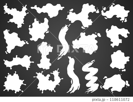Paint blot icon set. Splashes set for design use. Grunge shapes collection. Dirty stains and silhouettes. White ink splashes on dark background 118611072