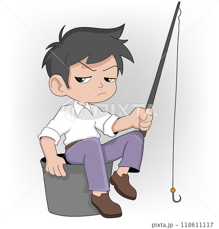business boy is sitting with a bored face doing his hobby of fishing 118611117