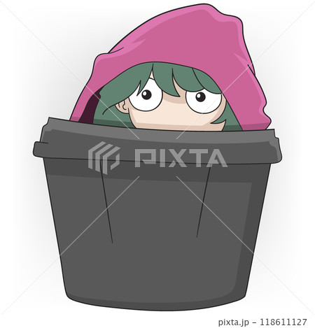 a girl is hiding in a trash can because she is in debt and is afraid of being looked for 118611127