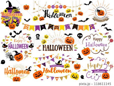ハロウィンイラスト吹き出しロゴ見出しアイコンフレームガーランド背景セット ハロウィンイラスト吹き出しロゴ見出しアイコンフレームガーランド背景セット 118611145